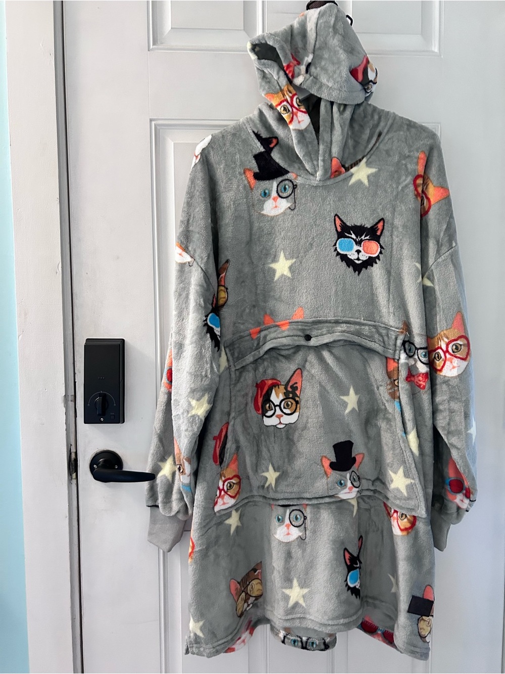Cozy Cat Print Hooded Robe - Gray